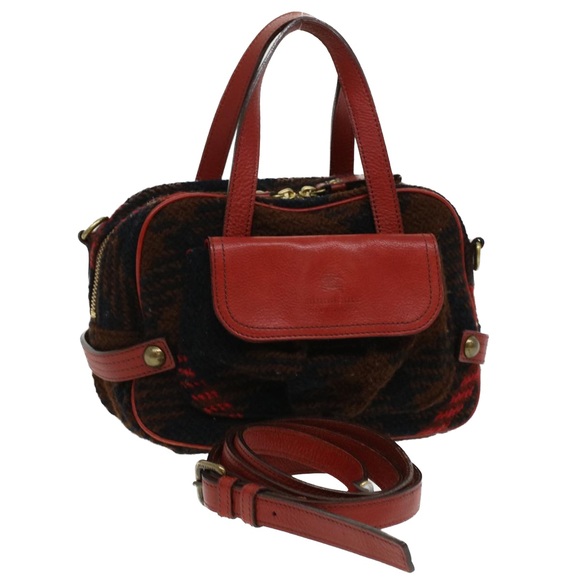 BURBERRY Blue Label Hand Bag Wool Leather 2way Red Black Auth ti771 - Picture 1 of 16